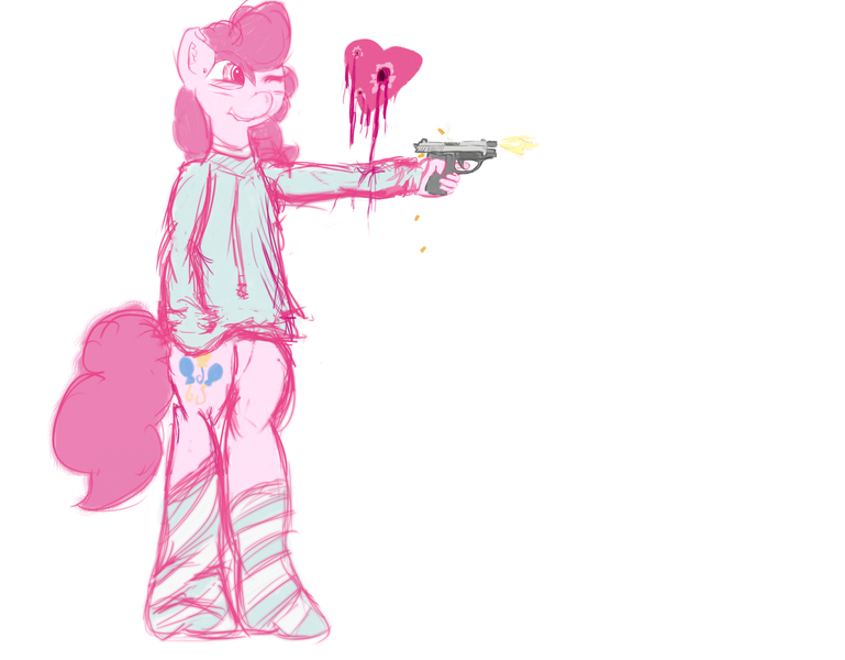 Size: 1920x1498 | Tagged: suggestive, artist:chaotixdemon, banned from derpibooru, deleted from derpibooru, derpibooru import, pinkie pie, anthro, blood, clothes, gun, heart, shooting, socks, solo, striped socks, sweater, weapon
