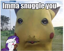 Size: 500x403 | Tagged: safe, banned from derpibooru, deleted from derpibooru, derpibooru import, rarity, pikachu, barely pony related, caption, image macro, imma snuggle you, meme, nightmare fuel, obligatory pony, pokémon, text