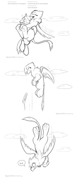 Size: 1247x2956 | Tagged: explicit, artist:cassiusdrawsthings, banned from derpibooru, deleted from derpibooru, derpibooru import, oc, oc:caelia, oc:veritas, unofficial characters only, gryphon, pony, ask, comic, falling, flying, image, interspecies, mile high club, monochrome, png, pony on griffon action, sex, tumblr, verilia