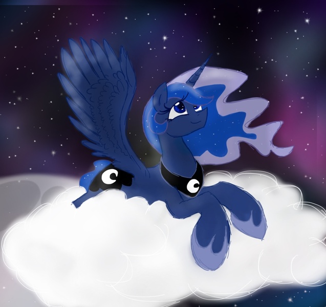 Size: 1020x961 | Tagged: safe, artist:imarieu, banned from derpibooru, deleted from derpibooru, derpibooru import, princess luna, cloud, cloudy, looking up, night, prone, solo, stars