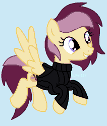 Size: 471x555 | Tagged: safe, artist:sjart117, banned from derpibooru, deleted from derpibooru, derpibooru import, oc, oc:lannie lona, unofficial characters only, pegasus, animated, beatnik, blinking, clothes, flying, grin, hyper, simple background, smiling, solo, species swap, sweater, turtleneck