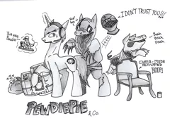 Size: 2000x1400 | Tagged: safe, artist:crystalgem523, banned from derpibooru, deleted from derpibooru, derpibooru import, ponified, pony, amnesia, amnesia a machine for pigs, amnesia the dark descent, barrel, barrels, chair, chair mode, i dont trust you, monochrome, pewdiepie, piggeh, stephano, untrusted statue