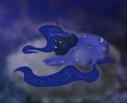 Size: 4143x3365 | Tagged: safe, artist:drake, artist:equum_amici, banned from derpibooru, deleted from derpibooru, derpibooru import, princess luna, absurd resolution, blanket, cloud, colored, sad, solo