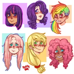 Size: 832x833 | Tagged: safe, banned from derpibooru, deleted from derpibooru, derpibooru import, applejack, fluttershy, pinkie pie, rainbow dash, rarity, twilight sparkle, human, hair over one eye, head, humanized, image, mane six, png, undercut, wingding eyes