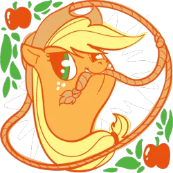 Size: 650x650 | Tagged: safe, artist:ponyshot, banned from derpibooru, deleted from derpibooru, derpibooru import, applejack, earth pony, pony, apple, female, food, lasso, mare, mouth hold, rope, solo