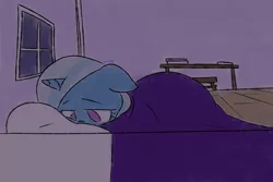 Size: 1280x853 | Tagged: safe, artist:bakasan, banned from derpibooru, deleted from derpibooru, derpibooru import, trixie, pony, unicorn, the little magician, bed, blanket, female, mare, sad, solo