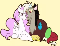 Size: 1246x946 | Tagged: dead source, safe, artist:ashleynicholsart, banned from derpibooru, deleted from derpibooru, derpibooru import, discord, princess celestia, blushing, cuddling, dislestia, female, male, pink-mane celestia, shipping, snuggling, straight, younger