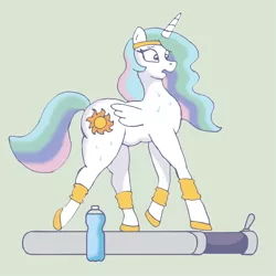 Size: 2000x2000 | Tagged: safe, artist:lordstormcaller, banned from derpibooru, deleted from derpibooru, derpibooru import, princess celestia, chubby, exercise, solo, sweat, sweatband, treadmill, water bottle