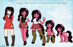 Size: 1280x828 | Tagged: safe, artist:moekonya, banned from derpibooru, deleted from derpibooru, derpibooru import, oc, oc:macdolia, unofficial characters only, anthro, earth pony, human, semi-anthro, anthro chart, bipedal, blatant tracing, boots, clothes, digital art, humanized, pigtails, pocket watch, shoes, skirt, stockings, thigh highs, trace