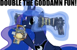 Size: 1450x942 | Tagged: safe, banned from derpibooru, deleted from derpibooru, derpibooru import, princess luna, borderlands 2, gun, magic, shield, solo, the fun has been doubled, torgue corporation, unkempt harold, vladof, vladof corporation, weapon