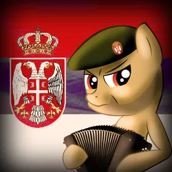 Size: 700x700 | Tagged: safe, artist:sparkdraws, banned from derpibooru, deleted from derpibooru, derpibooru import, ponified, pony, accordion, beret, bust, dat face soldier, flag, hat, musical instrument, portrait, remove kebab, serbia, serbia strong, solo