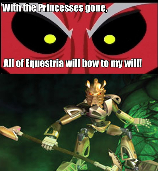 Size: 638x691 | Tagged: safe, banned from derpibooru, deleted from derpibooru, derpibooru import, lord tirek, twilight's kingdom, bionicle, bionicle mask of light, caption, exploitable meme, image macro, lego, meme, takanuva, text, tirek vs everyone meme