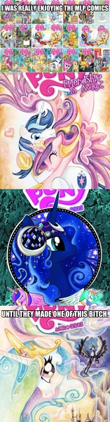 Size: 1494x5702 | Tagged: safe, banned from derpibooru, deleted from derpibooru, derpibooru import, idw, princess cadance, princess celestia, princess luna, shining armor, butthurt, celestia hate, comics, drama bait, duckery in the description, image, jpeg, obvious troll, op is a whiner, vulgar