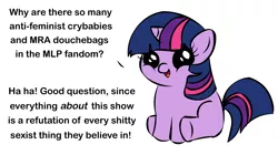 Size: 1194x668 | Tagged: safe, banned from derpibooru, deleted from derpibooru, derpibooru import, twilight sparkle, exploitable meme, female, feminism, filly, filly twilight sparkle, filly twilight telling an offensive joke, meme, mouthpiece, mra, obligatory pony, solo, vulgar, younger