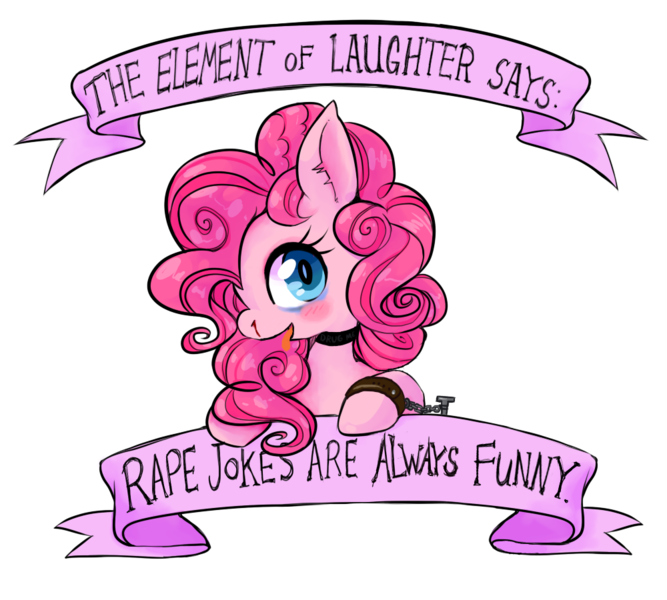 Size: 1000x900 | Tagged: grimdark, questionable, banned from derpibooru, deleted from derpibooru, derpibooru import, edit, pinkie pie, black eye, blood, bondage, collar, humiliation, joke, mouthpiece, rape, rape joke, sex, social justice, solo