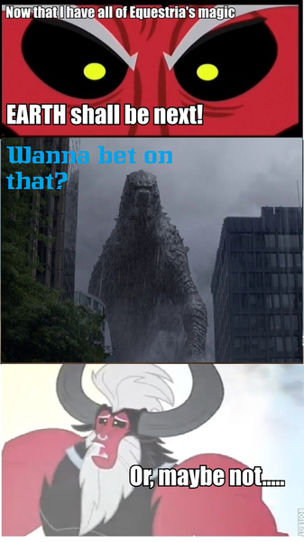 Size: 545x969 | Tagged: safe, banned from derpibooru, deleted from derpibooru, derpibooru import, lord tirek, exploitable meme, godzilla, godzilla 2014, meme, tirek is doomed, tirek vs everyone meme