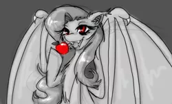 Size: 800x485 | Tagged: safe, artist:ashleynicholsart, banned from derpibooru, deleted from derpibooru, derpibooru import, fluttershy, bat pony, apple, bat ponified, fangs, flutterbat, food, grayscale, licking, monochrome, neo noir, partial color, race swap, solo, tongue out