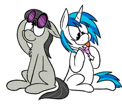 Size: 700x600 | Tagged: safe, artist:karpet-shark, banned from derpibooru, deleted from derpibooru, derpibooru import, octavia melody, vinyl scratch, :p, accessory swap, blank flank, bow, bowtie, floppy ears, looking up, sitting, smiling, tongue out