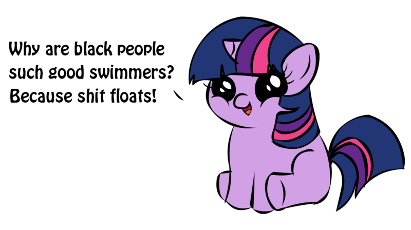 Size: 1194x668 | Tagged: questionable, banned from derpibooru, deleted from derpibooru, derpibooru import, twilight sparkle, exploitable meme, female, filly, filly twilight sparkle, filly twilight telling an offensive joke, meme, obligatory pony, racism, that's racist, vulgar, younger