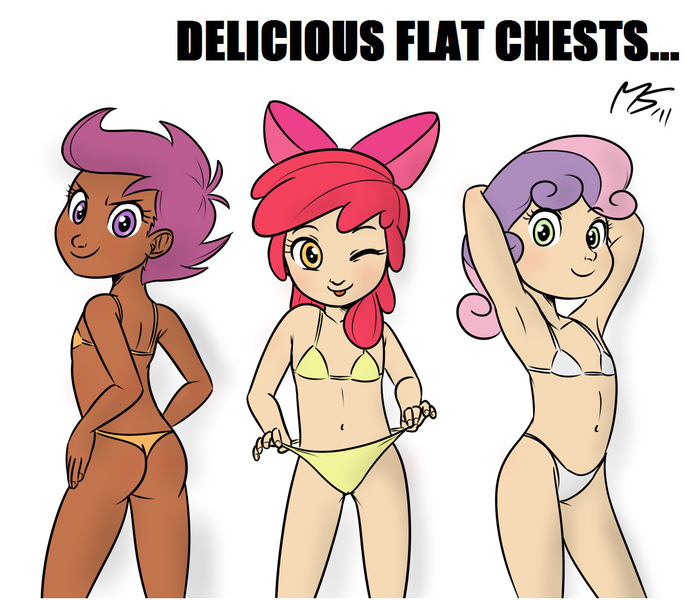 Size: 1172x1012 | Tagged: suggestive, artist:megasweet, banned from derpibooru, deleted from derpibooru, derpibooru import, apple bloom, scootaloo, sweetie belle, human, bikini, cameltoe, clothes, cutie mark crusaders, humanized, lolicon, pedophilia, swimsuit, underage