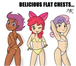 Size: 1172x1012 | Tagged: suggestive, artist:megasweet, banned from derpibooru, deleted from derpibooru, derpibooru import, apple bloom, scootaloo, sweetie belle, human, bikini, cameltoe, clothes, cutie mark crusaders, humanized, lolicon, pedophilia, swimsuit, underage