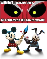 Size: 603x753 | Tagged: safe, banned from derpibooru, deleted from derpibooru, derpibooru import, lord tirek, epic mickey, epic mickey 2, exploitable meme, meme, mickey mouse, oswald the lucky rabbit, paintbrush, remote control, tirek vs everyone meme