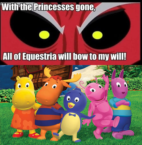 Size: 497x506 | Tagged: safe, banned from derpibooru, deleted from derpibooru, derpibooru import, lord tirek, austin, exploitable meme, meme, pablo, tasha, the backyardigans, tirek vs everyone meme, tyrone, uniqua