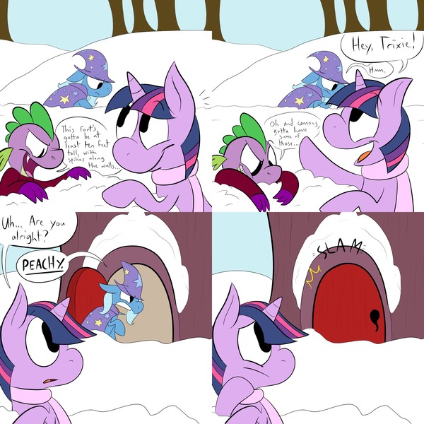 Size: 2000x2000 | Tagged: safe, artist:karpet-shark, banned from derpibooru, deleted from derpibooru, derpibooru import, spike, trixie, twilight sparkle, ask, ask-twilight-and-trixie, comic, snow, tumblr