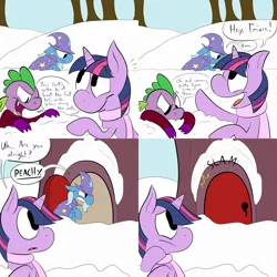 Size: 2000x2000 | Tagged: safe, artist:karpet-shark, banned from derpibooru, deleted from derpibooru, derpibooru import, spike, trixie, twilight sparkle, ask, ask-twilight-and-trixie, comic, snow, tumblr