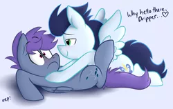 Size: 1214x769 | Tagged: safe, artist:nannurs, banned from derpibooru, deleted from derpibooru, derpibooru import, soarin', oc, oc:windy dripper, pegasus, backwards cutie mark, bedroom eyes, blushing, cross-eyed, eye contact, gay, looking at each other, male, on back, on top, smiling, spread wings, wide eyes, wingboner, wings