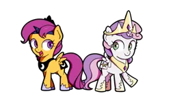 Size: 1000x550 | Tagged: safe, artist:cruxtar, banned from derpibooru, deleted from derpibooru, derpibooru import, princess celestia, princess luna, scootaloo, sweetie belle, accessory swap, clothes, costume, cute, fake cutie mark, fake horn, fake wings, korea, korean, open mouth, paper, simple background, smiling, tape, voice actor joke