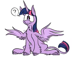 Size: 900x700 | Tagged: safe, artist:karpet-shark, banned from derpibooru, deleted from derpibooru, derpibooru import, twilight sparkle, twilight sparkle (alicorn), alicorn, classical unicorn, unicorn, cloven hooves, confused, fluffy, frown, leonine tail, question mark, shrug, simple background, sitting, solo, speech bubble, spread wings, unshorn fetlocks, wing hands, wing shrug, wings
