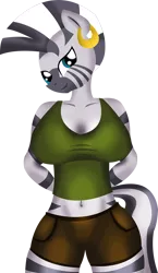 Size: 700x1210 | Tagged: safe, artist:sparkdraws, banned from derpibooru, deleted from derpibooru, derpibooru import, zecora, anthro, zebra, belly button, breasts, busty zecora, cleavage, clothes, ear piercing, earring, jewelry, looking at you, piercing, shorts, solo, tanktop