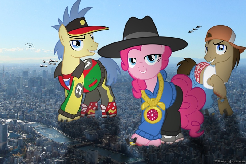 Size: 2000x1333 | Tagged: safe, artist:blazingcobaltda, banned from derpibooru, deleted from derpibooru, derpibooru import, doctor whooves, goldengrape, pinkie pie, sir colton vines iii, time turner, pony, city, collage, destruction, giant pony, highrise ponies, macro, rapper pie