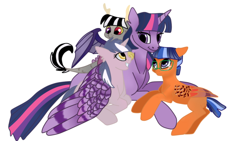 Size: 1000x563 | Tagged: safe, artist:silcybell, banned from derpibooru, deleted from derpibooru, derpibooru import, twilight sparkle, oc, alicorn, hybrid, female, glasses, half-siblings, image, interspecies offspring, male, mama twilight, mother and child, offspring, parent:comet tail, parent:discord, parent:flash sentry, parents:cometlight, parents:discolight, parents:flashlight, parent:twilight sparkle, png, twilight sparkle (alicorn)