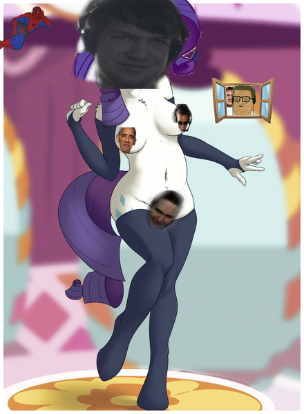 Size: 1833x2500 | Tagged: questionable, banned from derpibooru, deleted from derpibooru, derpibooru import, rarity, anthro, unguligrade anthro, barack obama, female, gabe newell, hank hill, rapeface, solo, solo female, spider-man