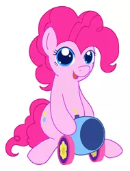 Size: 406x533 | Tagged: safe, artist:gingersnap913, banned from derpibooru, deleted from derpibooru, derpibooru import, pinkie pie, earth pony, pony, chibi, cute, female, mare, party cannon, simple background, sitting, solo, white background