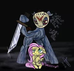Size: 1400x1350 | Tagged: safe, artist:pyrodarknessanny, banned from derpibooru, deleted from derpibooru, derpibooru import, fluttershy, ponified, pony, 2edgy4me, friday the 13th, jason voorhees, machete