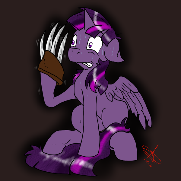 Size: 1024x1024 | Tagged: safe, artist:pyrodarknessanny, banned from derpibooru, deleted from derpibooru, derpibooru import, twilight sparkle, alicorn, clothes, gloves, nightmare on elm street, solo, sweat, twilight sparkle (alicorn)