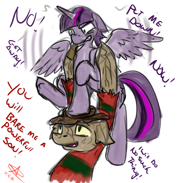 Size: 4000x4000 | Tagged: safe, artist:pyrodarknessanny, banned from derpibooru, deleted from derpibooru, derpibooru import, twilight sparkle, alicorn, angry, bedroom eyes, crack shipping, female, floppy ears, freddy krueger, gritted teeth, holding, hoof hold, male, open mouth, shipping, smiling, spread wings, stomping, straight, twilight sparkle (alicorn), underhoof, wide eyes, wings