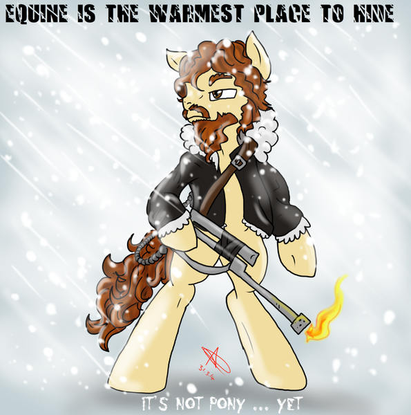 Size: 1024x1032 | Tagged: safe, artist:pyrodarknessanny, banned from derpibooru, deleted from derpibooru, derpibooru import, ponified, pony, beard, facial hair, flamethrower, macready, solo, the thing, weapon