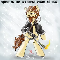 Size: 1024x1032 | Tagged: safe, artist:pyrodarknessanny, banned from derpibooru, deleted from derpibooru, derpibooru import, ponified, pony, beard, facial hair, flamethrower, macready, solo, the thing, weapon