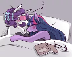 Size: 481x381 | Tagged: safe, artist:ladybeemer, banned from derpibooru, deleted from derpibooru, derpibooru import, rarity, twilight sparkle, anthro, bed, book, female, glasses, hair curlers, lesbian, rarilight, shipping, sleeping, sleep mask, snoring
