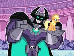 Size: 604x456 | Tagged: safe, banned from derpibooru, deleted from derpibooru, derpibooru import, edit, edited screencap, screencap, applejack, alien, pony, dark laser, holding a pony, smiling, the fairly oddparents, tiny, tiny ponies