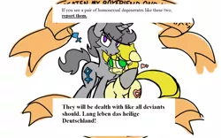 Size: 1280x800 | Tagged: safe, banned from derpibooru, deleted from derpibooru, derpibooru import, edit, oc, oc:golden brisk, oc:silver breeze, earth pony, unicorn, female, german, homophobia, male, mouthpiece, obvious troll, op is so divorced from any context it's not even funny, op what are you even trying to accomplish, shipping, straight, vulgar