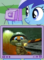 Size: 710x961 | Tagged: safe, banned from derpibooru, deleted from derpibooru, derpibooru import, minuette, conker, exploitable meme, face, happy, meme, obligatory pony, smiling, teeth, tv meme