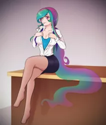 Size: 1280x1509 | Tagged: suggestive, artist:scorpdk, banned from derpibooru, deleted from derpibooru, derpibooru import, edit, princess celestia, human, bedroom eyes, breasts, busty princess celestia, cleavage, clothes, feet, female, humanized, looking at you, solo, solo female