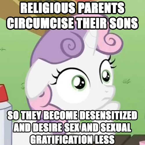 Size: 500x500 | Tagged: questionable, banned from derpibooru, deleted from derpibooru, derpibooru import, sweetie belle, ponyville confidential, caption, circumcision, exploitable, exploitable meme, image macro, meme, obligatory pony, religion, solo, sudden clarity sweetie belle, text