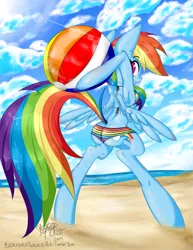 Size: 2975x3850 | Tagged: suggestive, artist:berndem-bones, banned from derpibooru, deleted from derpibooru, derpibooru import, rainbow dash, anthro, unguligrade anthro, armpits, ass, beach, beach ball, bikini, breasts, butt, clothes, female, nudity, solo, solo female, swimsuit