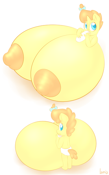 Size: 1661x2645 | Tagged: questionable, artist:lamia, banned from derpibooru, deleted from derpibooru, derpibooru import, pumpkin cake, anthro, babycon, big breasts, big nipples, bottle, bow, breasts, breasts on floor, busty pumpkin cake, diaper, female, huge breasts, impossibly large breasts, lamia did it again, lolicon, nipples, nudity, oppai loli, solo, solo female, underage